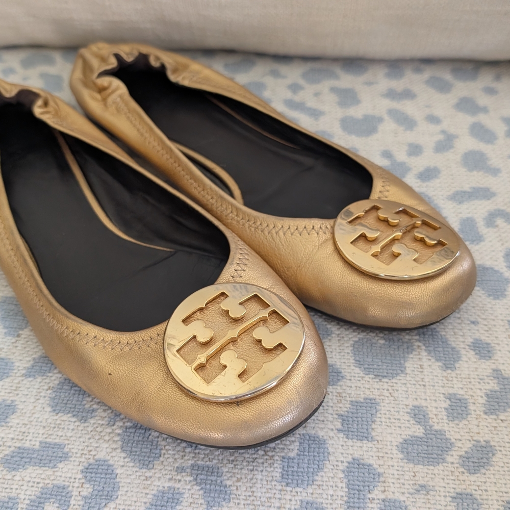 Tory Burch Gold Reva Leather Ballet Flats